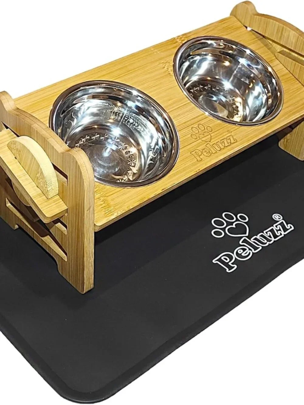Bamboo Raised Feeder with Bowls and Mat